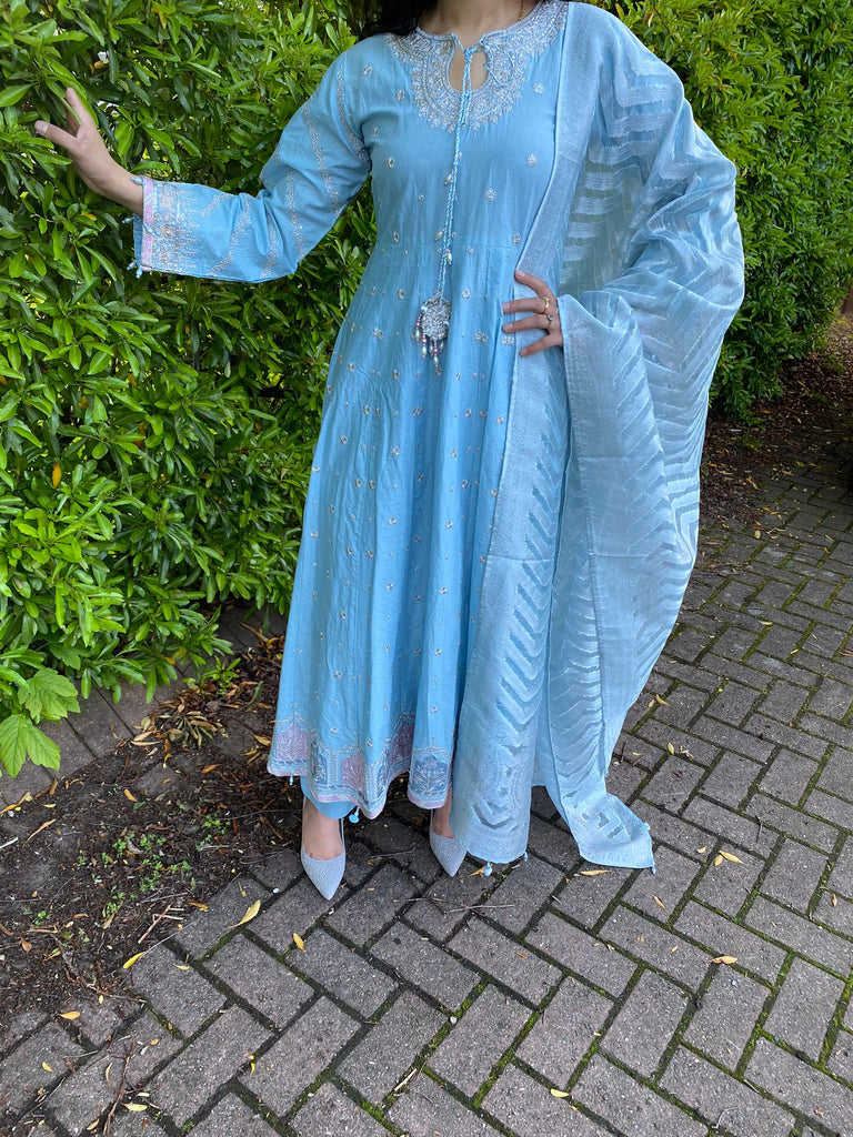 Sky Blue Embroidered Frock Dress - Inspired by Maria B Eimaani Wear Sky Blue Embroidered Frock Dress - Inspired by Maria B Eimaani Wear