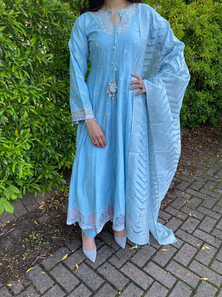 Sky Blue Embroidered Frock Dress - Inspired by Maria B Eimaani Wear Sky Blue Embroidered Frock Dress - Inspired by Maria B Eimaani Wear