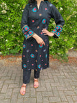 Embroidered Linen Kurta - Black