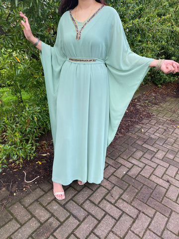 Mawa Swing Abaya Kaftan with neck and belt detail - Cyan