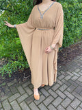 Mawa Swing Abaya Kaftan with neck and belt detail - Brown