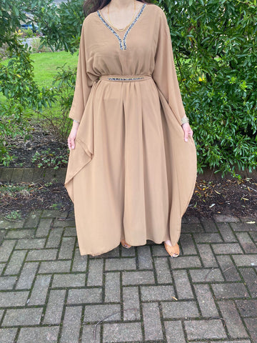 Mawa Swing Abaya Kaftan with neck and belt detail - Brown