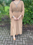 Mawa Swing Abaya Kaftan with neck and belt detail - Brown