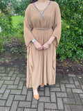 Mawa Swing Abaya Kaftan with neck and belt detail - Brown