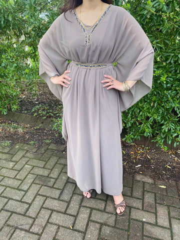 Mawa Swing Abaya Kaftan with neck and belt detail - Grey