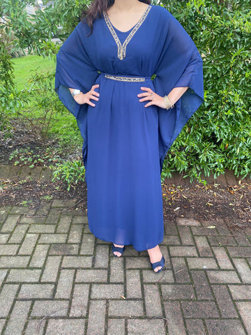 Mawa Swing Abaya Kaftan with neck and belt detail - Royal Blue