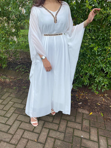 Mawa Swing Abaya Kaftan with neck and belt detail - White