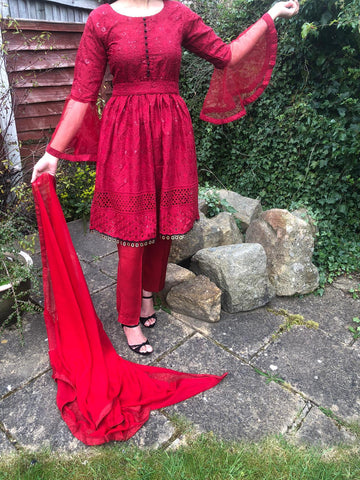 Red Chicken Kari Sequin Eid Dress- With Net Bell Sleeves