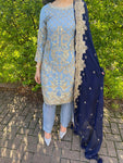 Sareena Grey and Navy Chiffon Suit