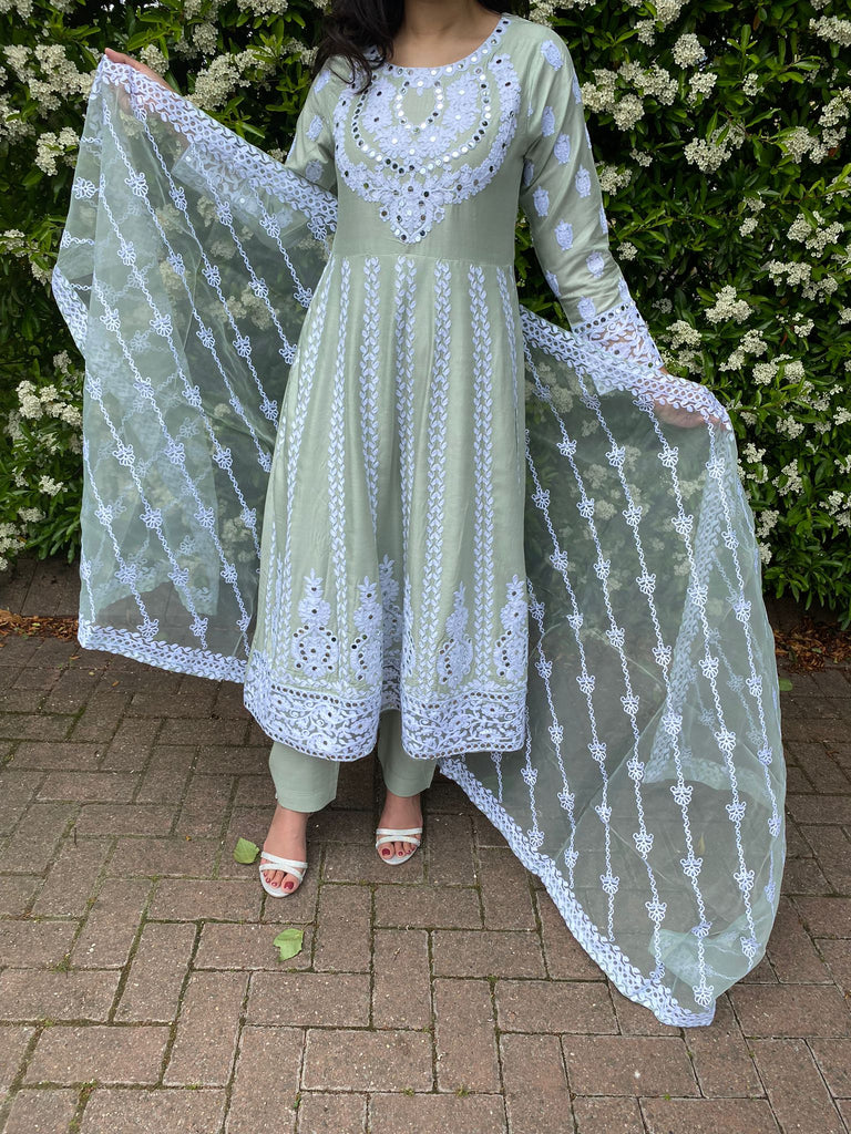 Maya Mint Green with white thread embroidery Suit Eimaani Wear Maya Mint Green with white thread embroidery Suit Eimaani Wear
