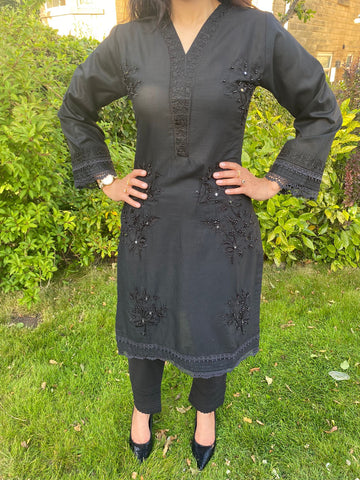 Mina Black Embroidery and Bead Kurta