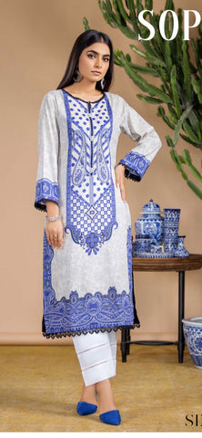 Ethnic Digital Print Lace Edge Kurta - Blue