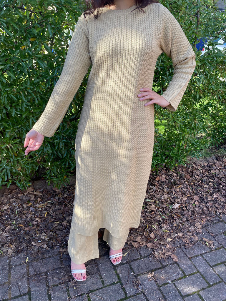 knitted co ord dress Never Fully Dressed knitted jumper dress and cape co-ord in khaki print